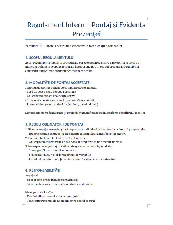 Exemplu de regulament pontaj